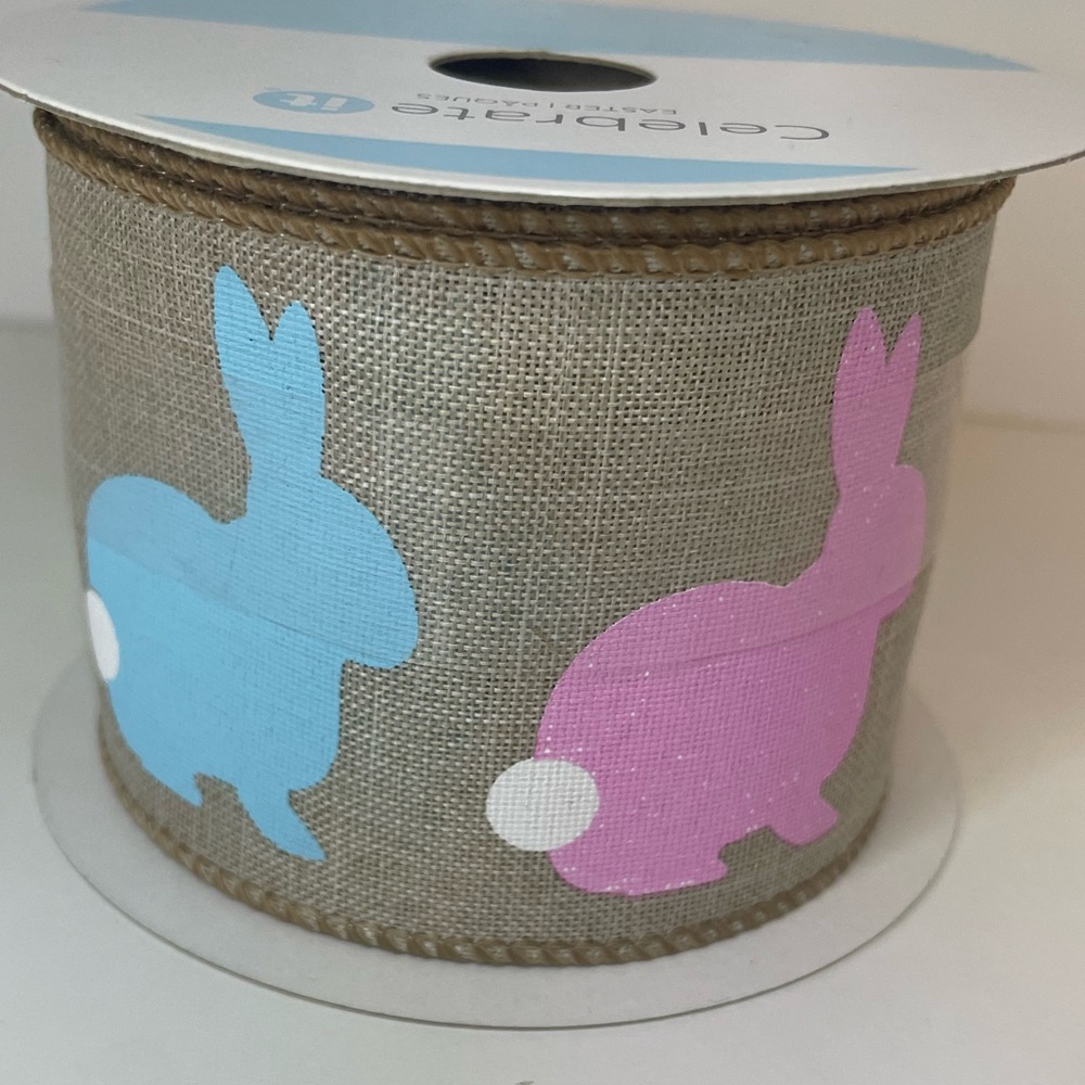Burlap Ribbon with Colorful Bunny Design, Easter ribbon (Baby Shower) 2.5”x20ft
